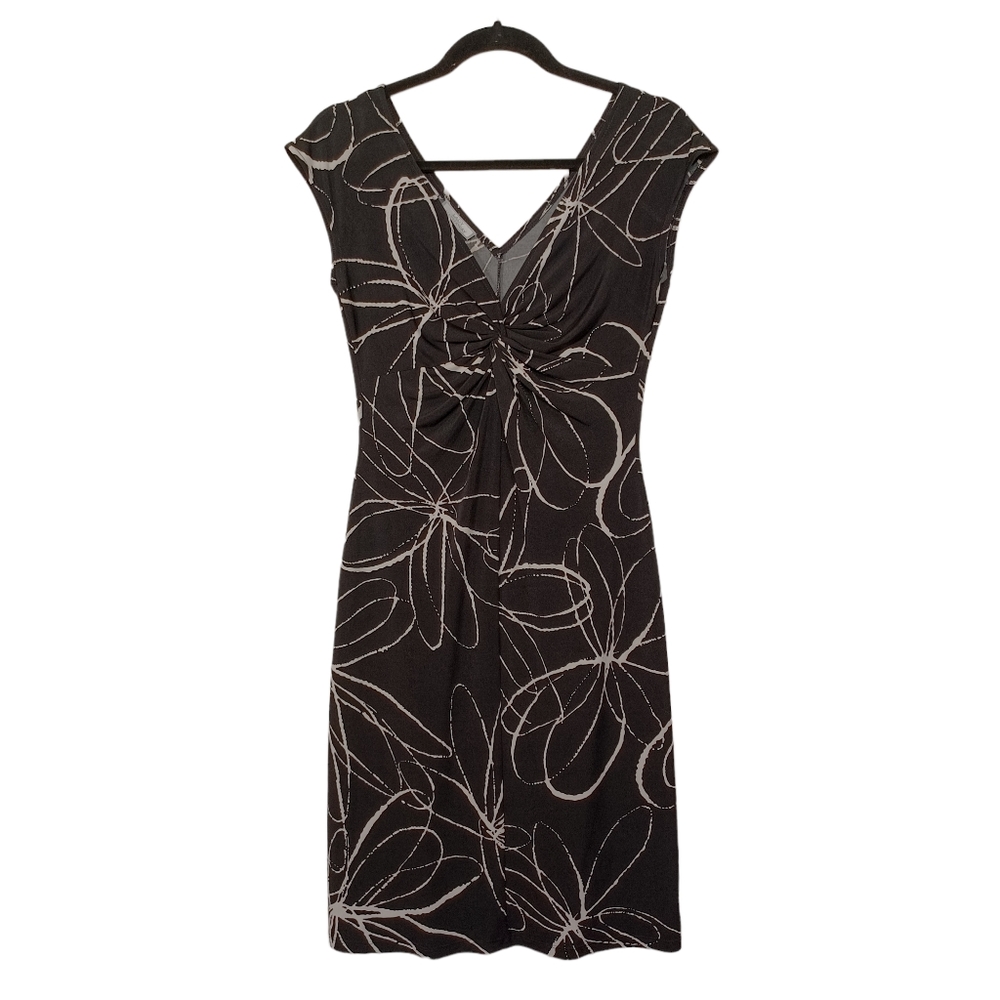 LADY HATHAWAY White Abstract Print Black Stretchy Front Twist Dress 4 (Small) - Picture 4 of 8
